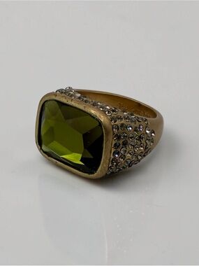 Lia Sophia Gold-Tone Olive Green Pavé Crystal Statement Ring Size 8.5